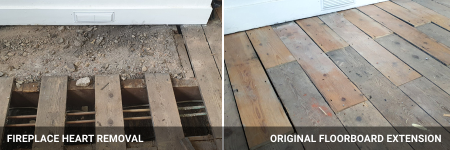 Original Floorboard Repairs - Fireplace Heart Removal