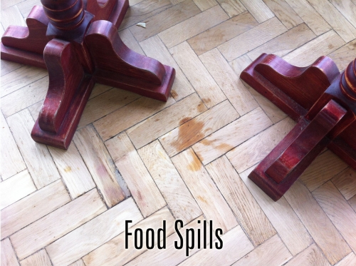 Food spills soaked into parquet flooring