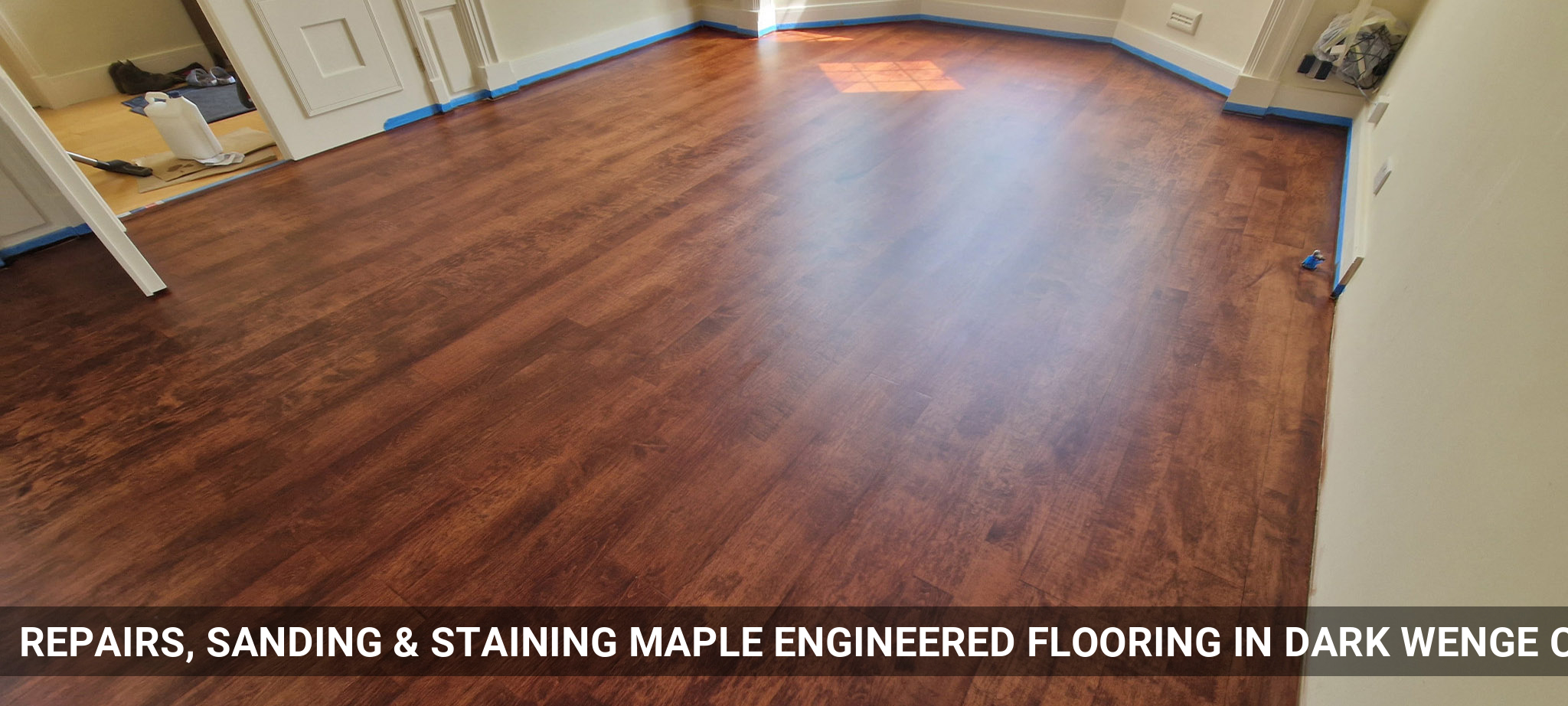 Repairs, Sanding & Staining Maple Engineered Flooring in Dark Wenge Colour in Ealing