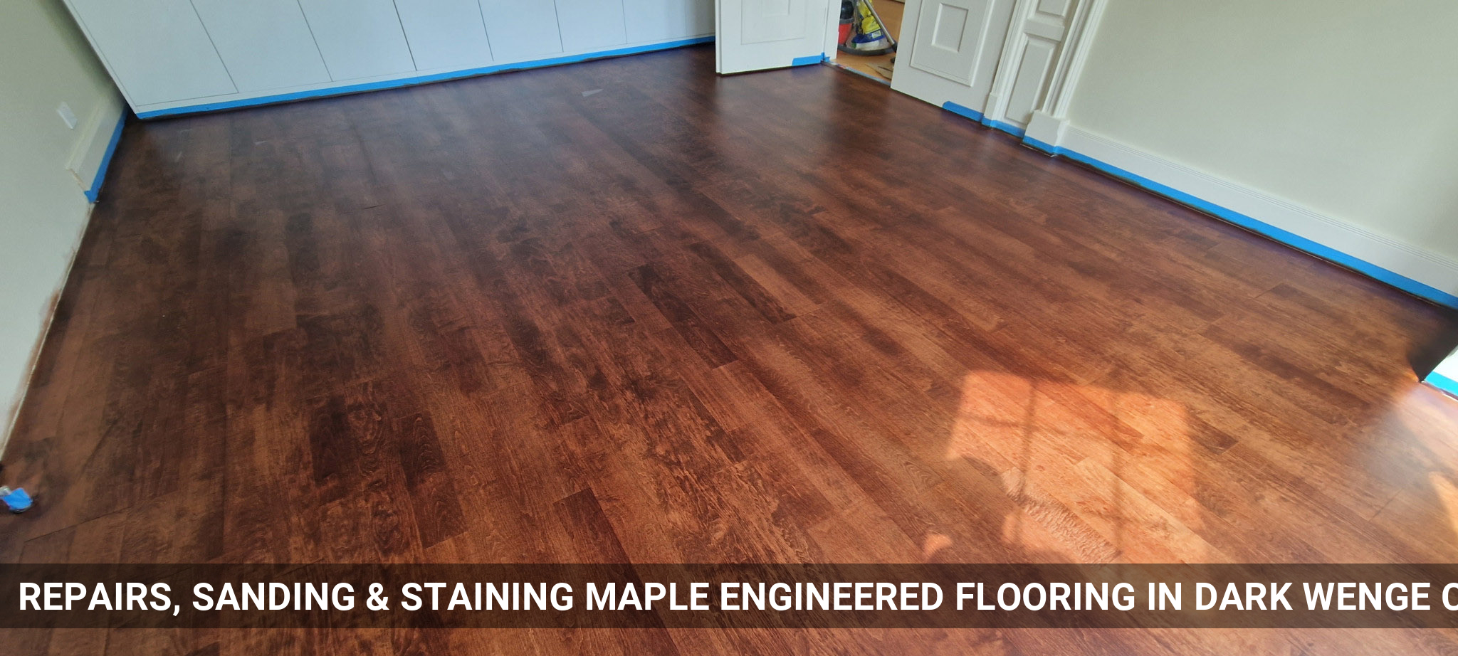 Repairs, Sanding & Staining Maple Engineered Flooring in Dark Wenge Colour in Ealing