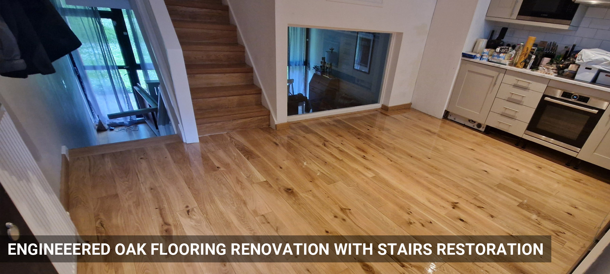 Engineeered Oak Flooring Renovation with Stairs Restoration in Pimlico