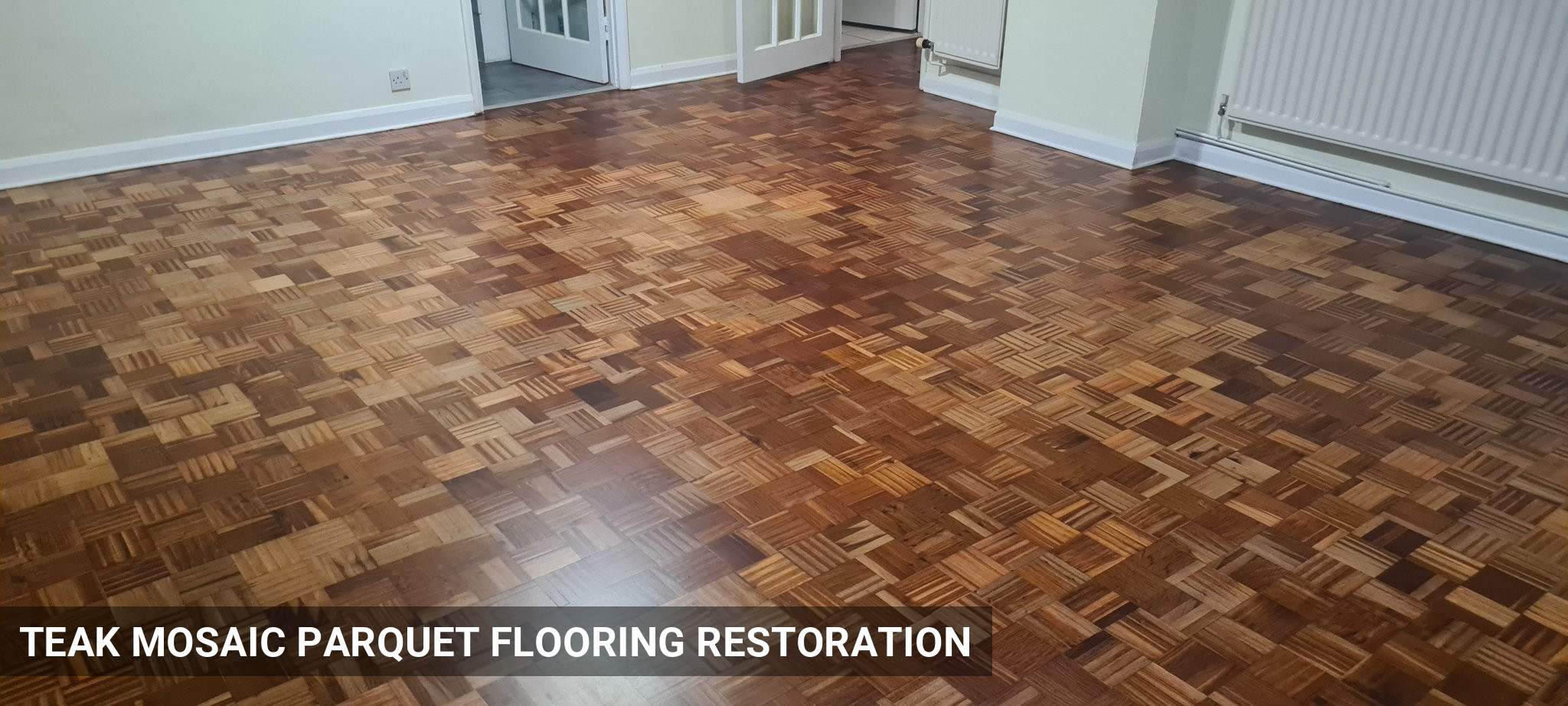 Teak Mosaic Parquet Flooring Restoration in Richmond