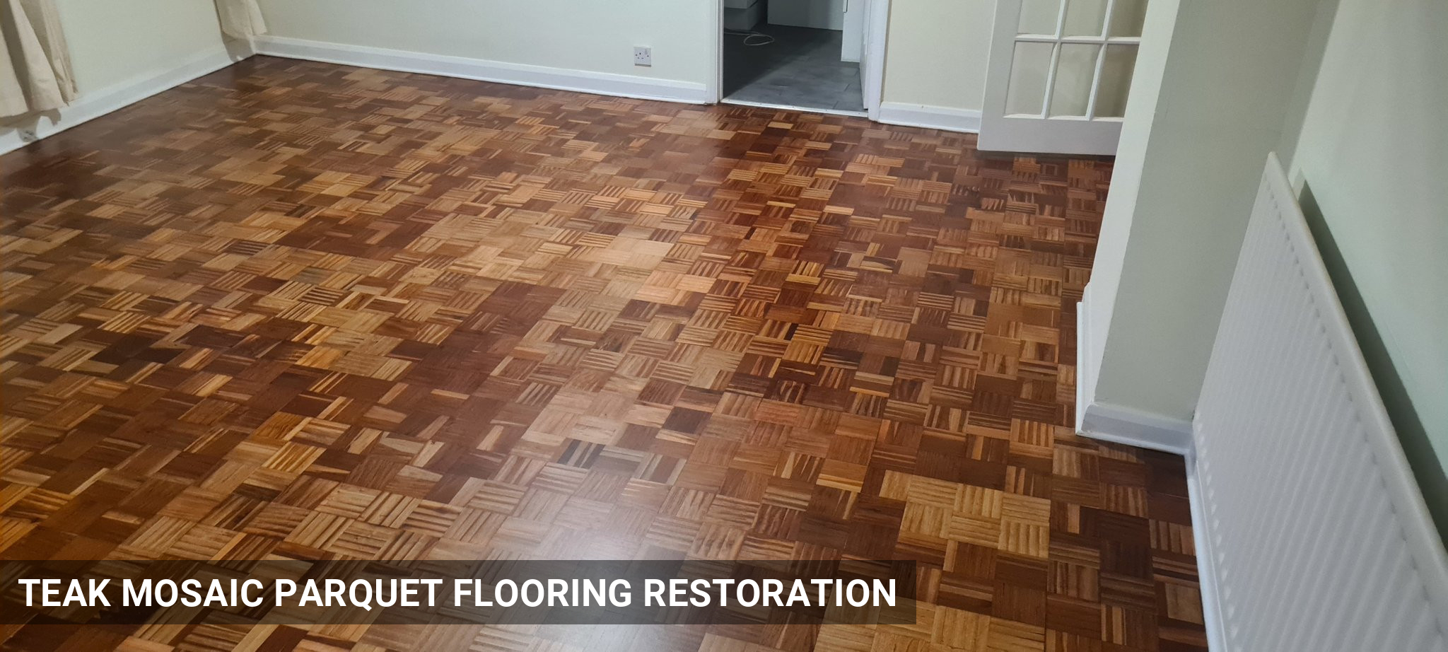 Teak Mosaic Parquet Flooring Restoration in Richmond