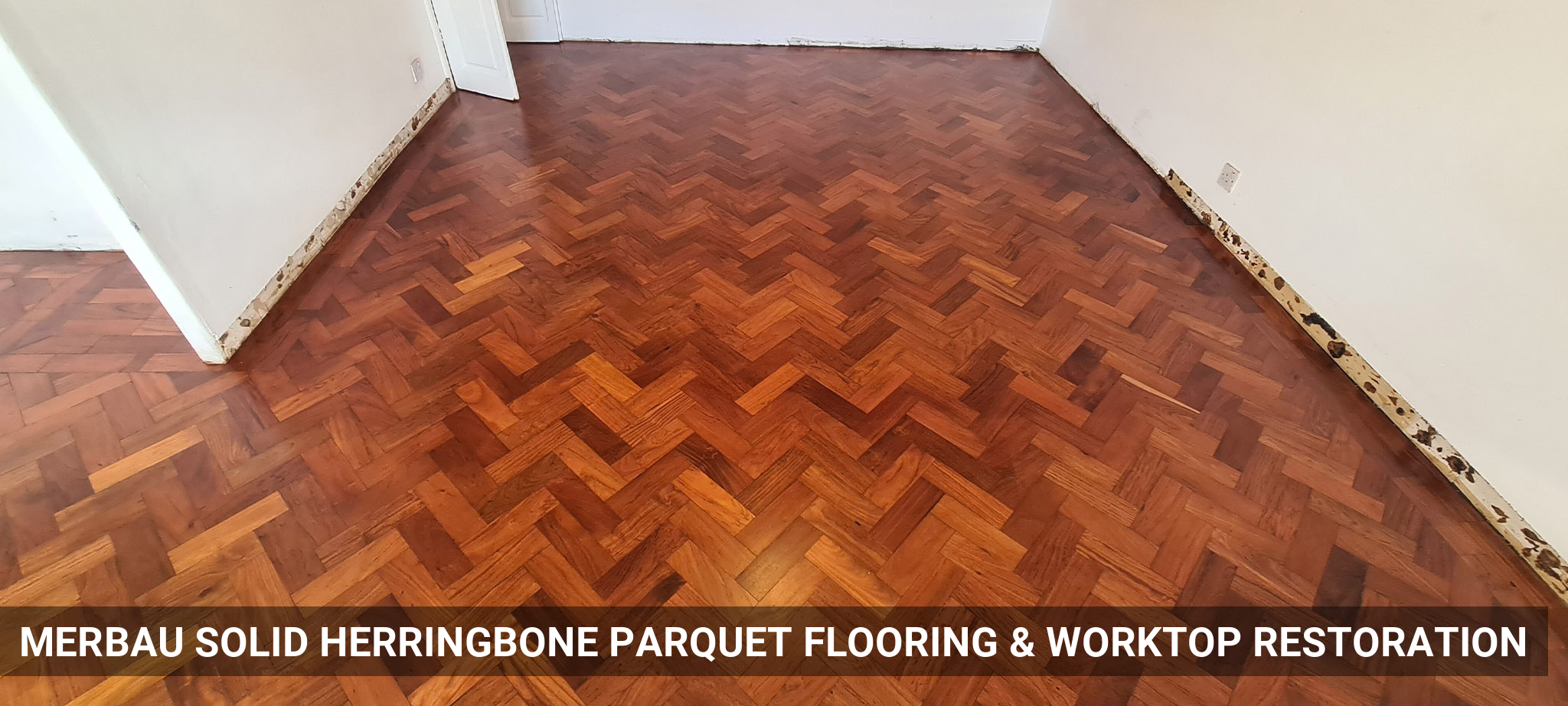 Merbau Solid Herringbone Parquet Flooring & Worktop Restoration in Camden Town